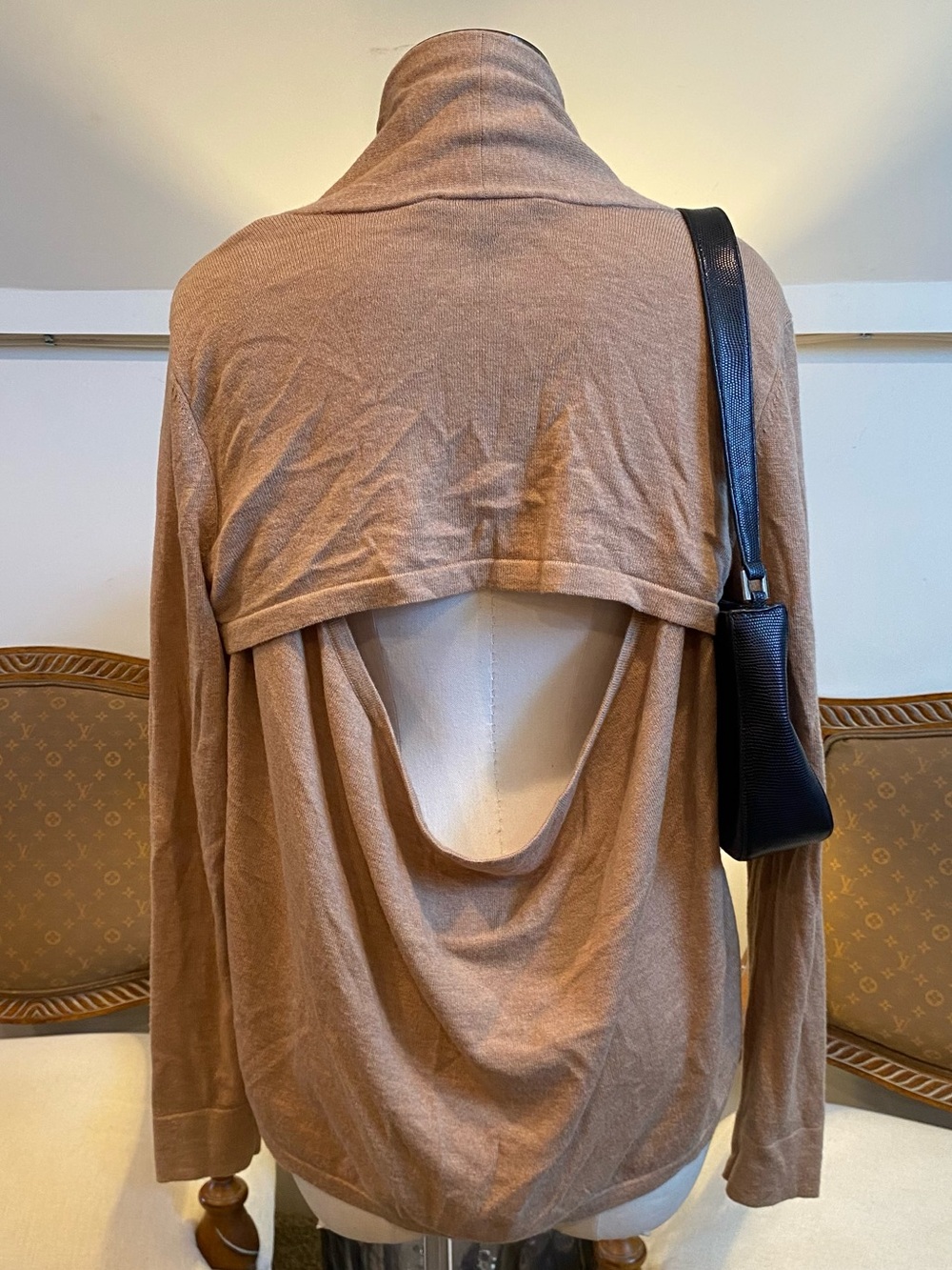BCBGMaxAzria Open-Back Draped Merino Wool/Cotton Cardigan Sweater Camel Tan M/L